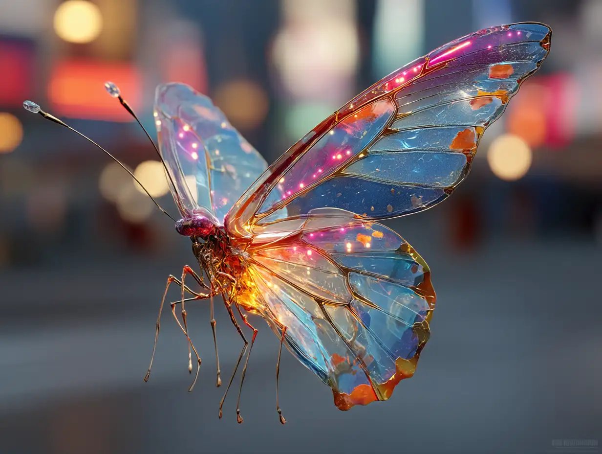 Metallic neon butterfly with translucent holographic wings, flying through a futuristic city with glowing ads, cinematic reflections
