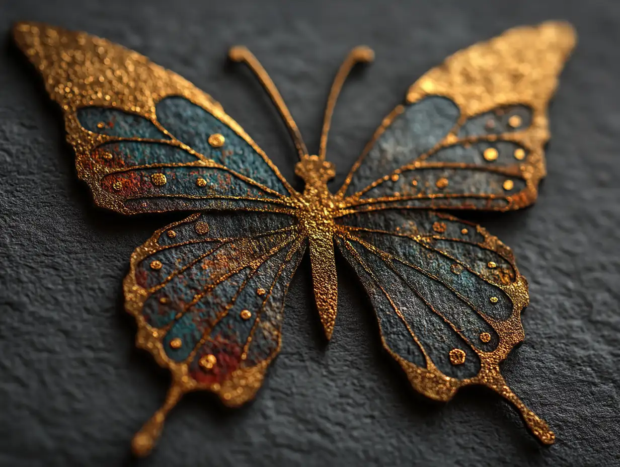 Minimalist golden butterfly silhouette on dark background, metallic texture, elegant contrast lighting