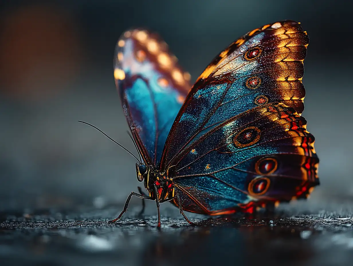 Close-up of a blue morpho butterfly resting on frosted glass, icy reflections, realistic texture and soft bokeh background