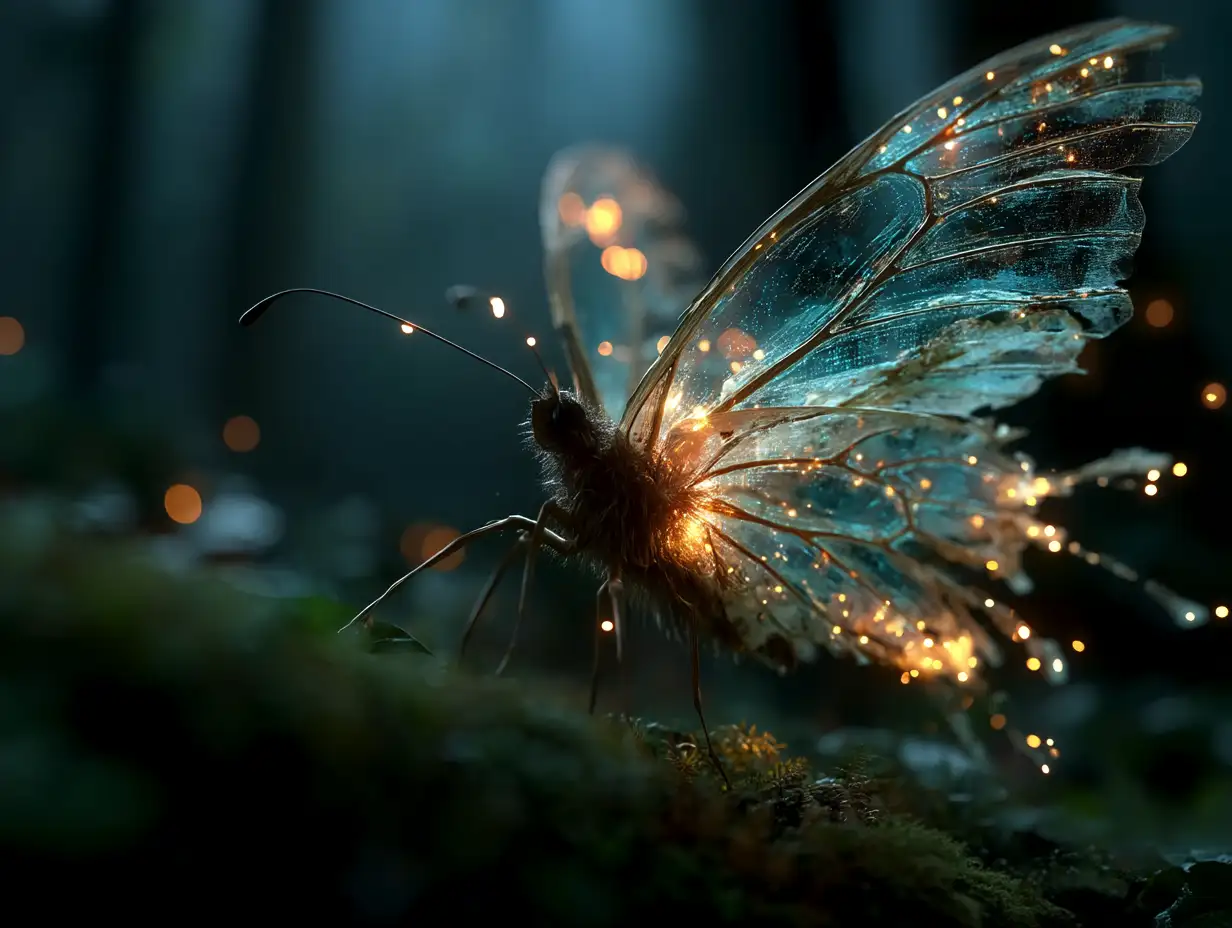 Giant butterfly with luminous wings fluttering in an enchanted forest, glowing particles around, magical cinematic light