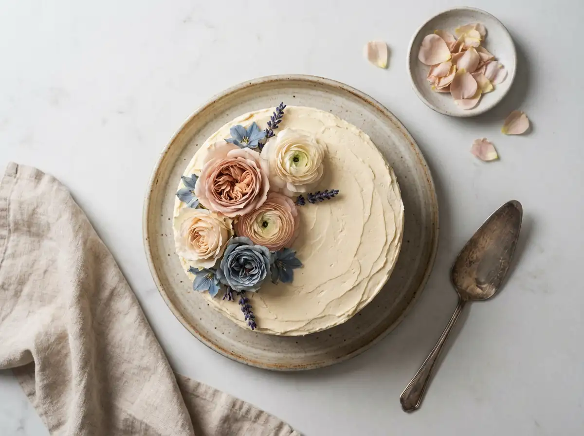 Top-down flat lay of a wedding cake decorated with flowers, clean background, modern editorial style.