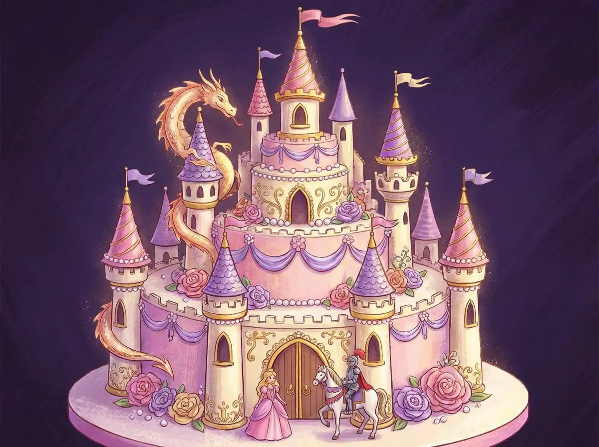 A princess castle cake with towers and flags, pastel pink and purple colors, fantasy illustration style, highly detailed.