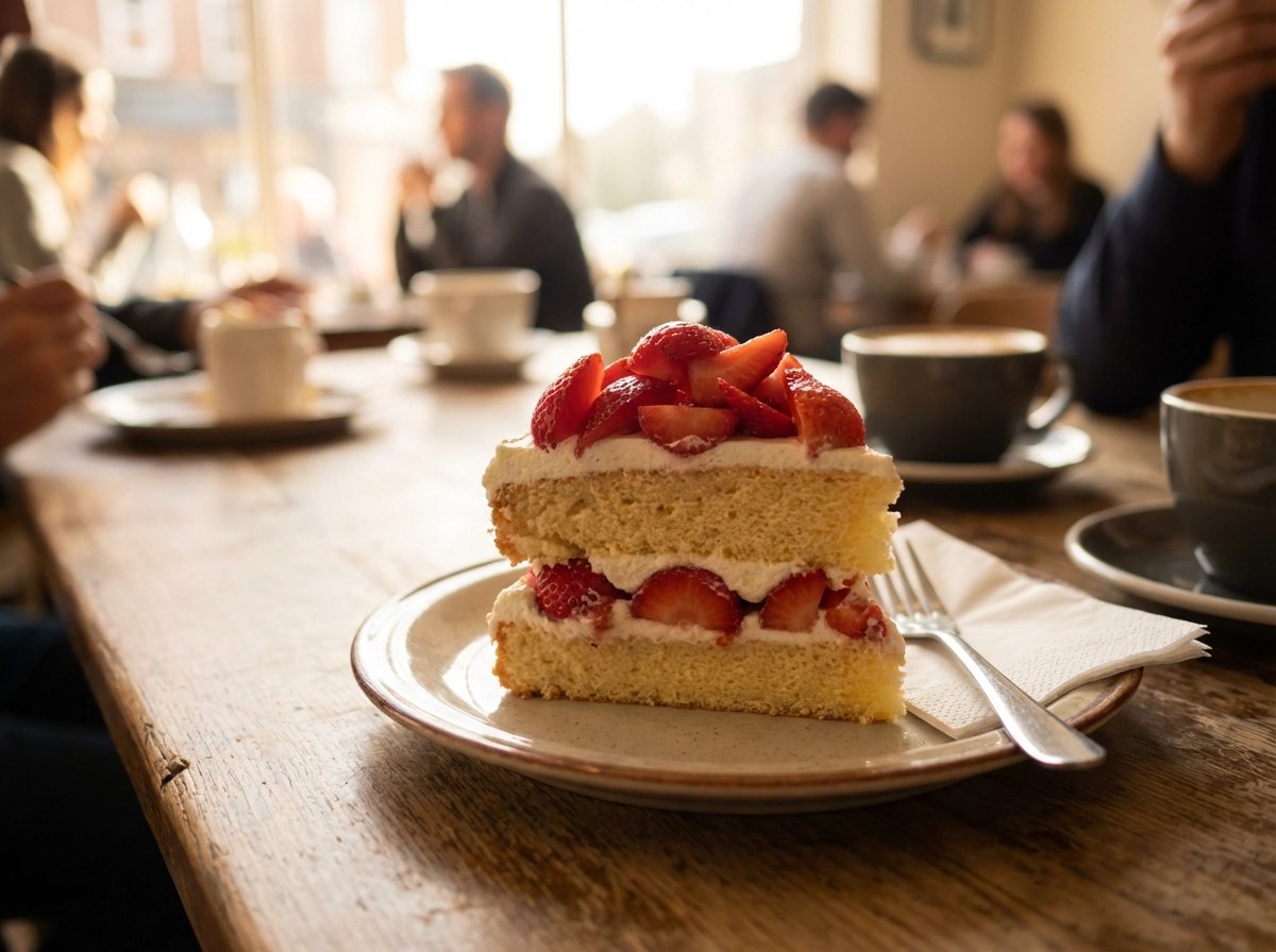 Strawberry shortcake on a small plate, soft sponge layers, fresh cream frosting, sliced strawberries on top, natural window light, cozy cafe atmosphere, realistic food photography, casual everyday style