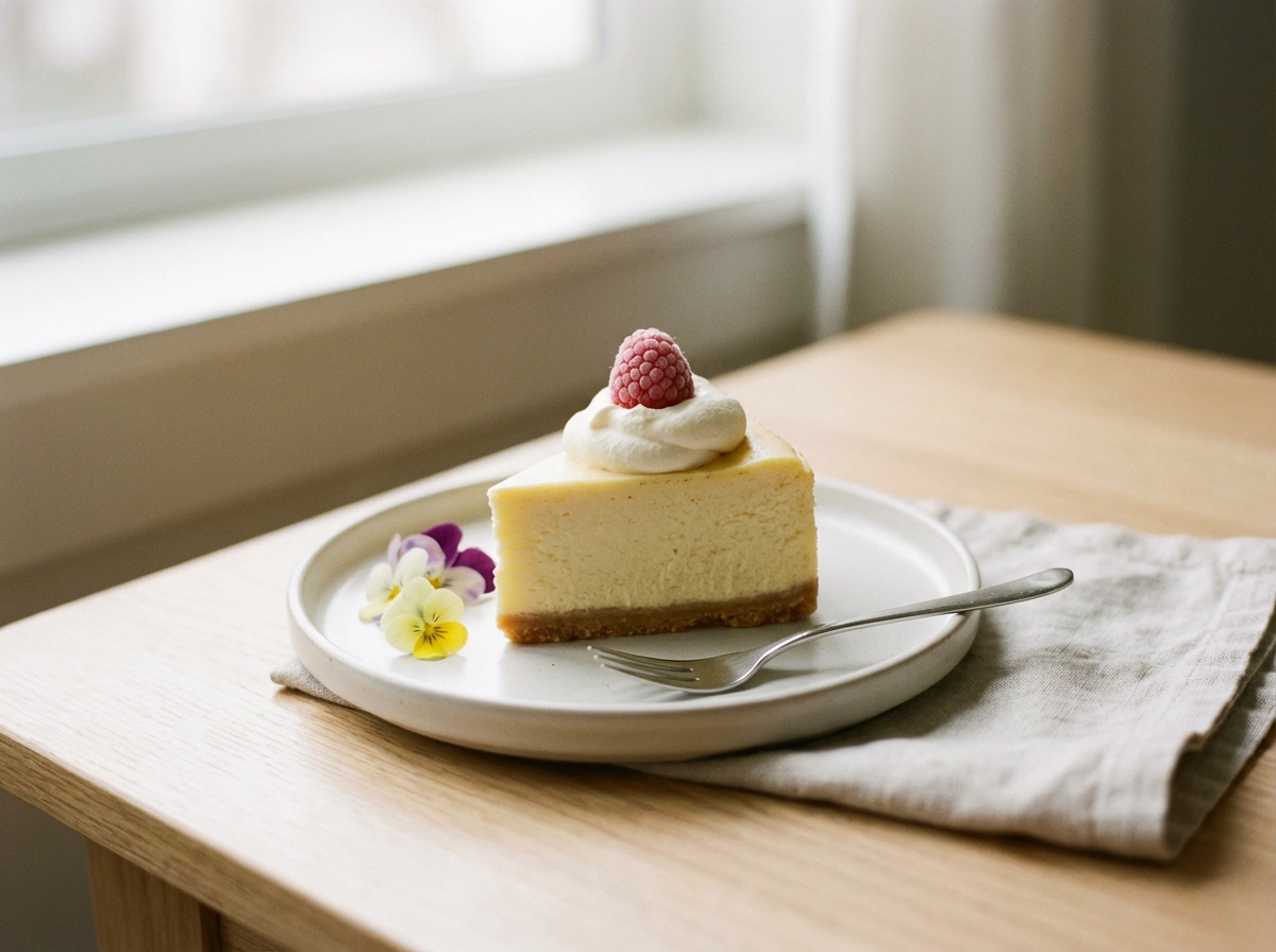 Small cheesecake slice, neat edges, soft colors, gentle lighting, cute and simple dessert presentation