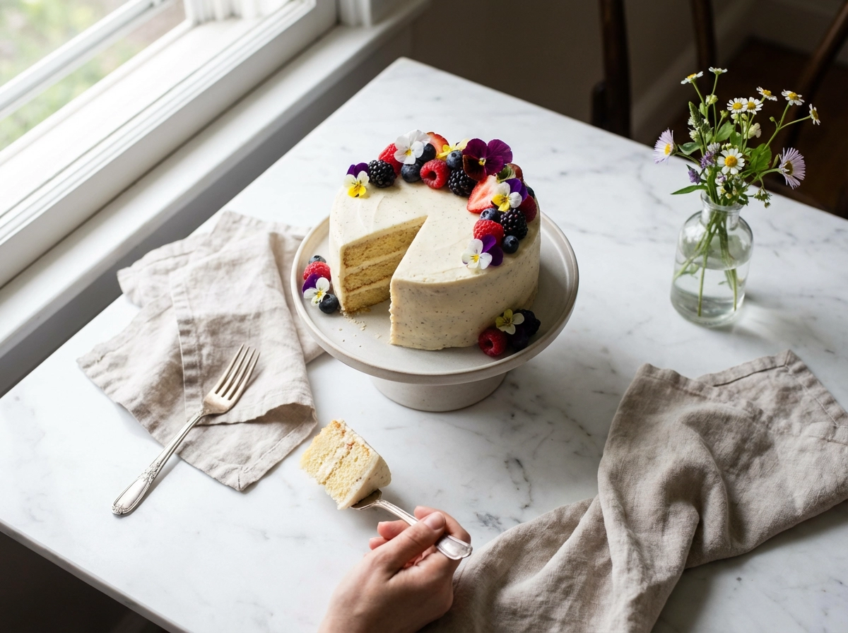 cake styled for social media, clean background, natural light, aesthetic composition, lifestyle dessert photography