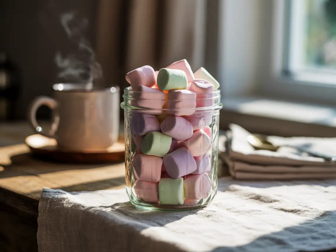 Glass jar filled with pastel marshmallows, cozy breakfast table background