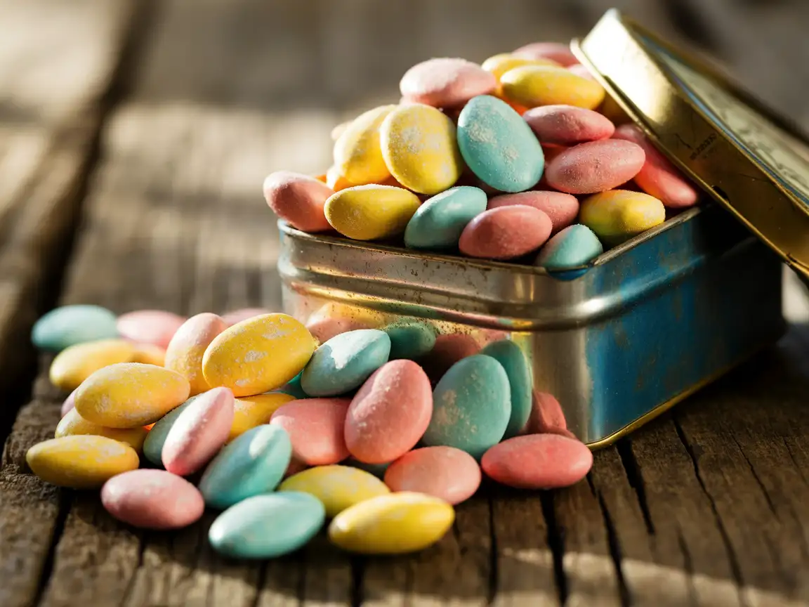 Candy-coated almonds spilling from a vintage tin box, rustic wood surface