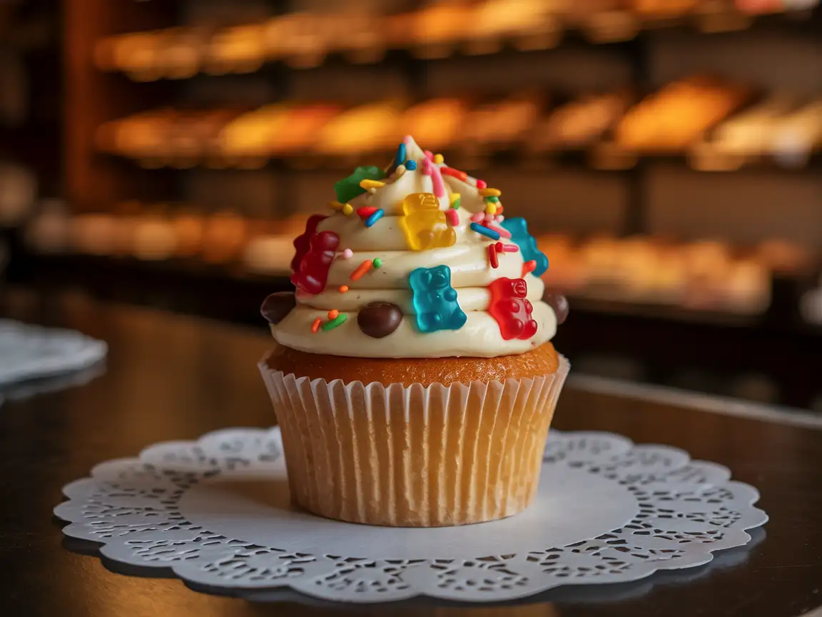 Cupcake decorated with bright candy toppings under warm bakery light