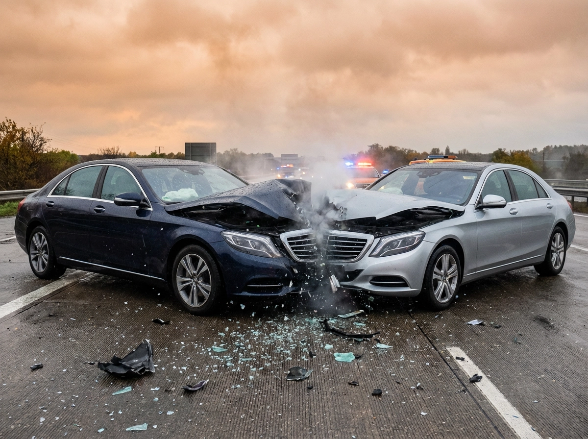Hyper-realistic photo of a high-speed car crash between two luxury sedans, shattered glass flying in the air, crumpled metal textures, smoking engines, motion blur, dramatic cinematic lighting, 8k. 