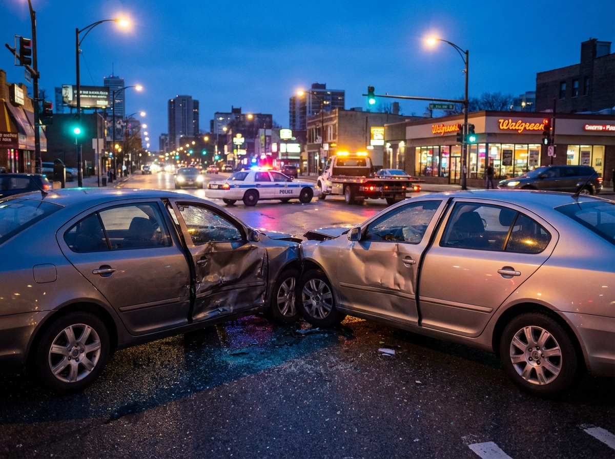 Realistic side-impact collision at a city intersection, debris scattered on the asphalt, evening city lights background, sharp focus on the impact zone, 8k resolution.