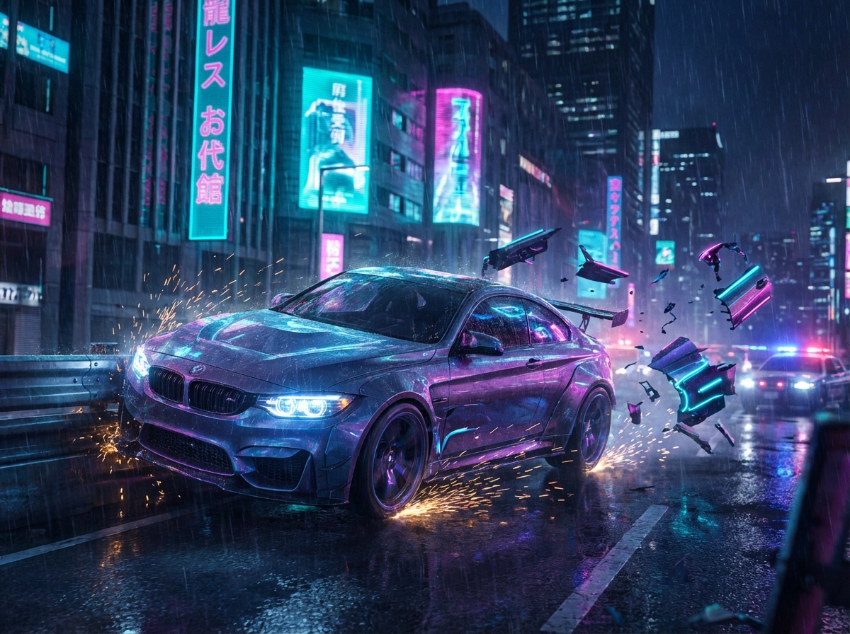 Cyberpunk futuristic car crash, neon-glowing vehicle parts flying, rainy night city background, vibrant purple and cyan lighting, sci-fi action aesthetic.