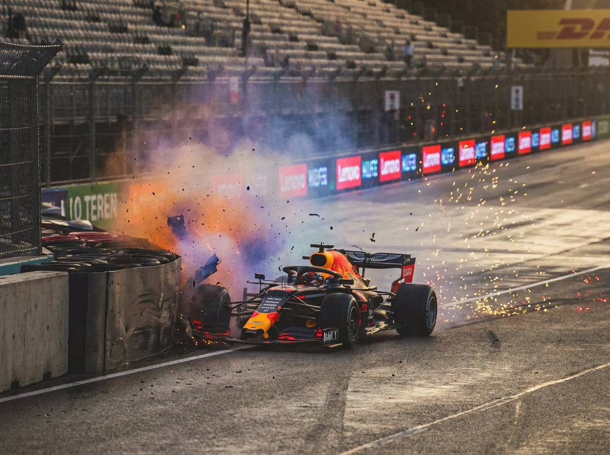 Stylized slow-motion explosion of a racing car hitting a barrier, sparks flying, high-speed photography style, vibrant colors, dramatic sports photography vibe.