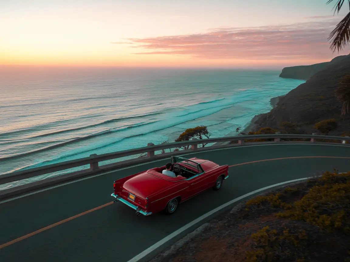 A vintage red convertible cruising along a coastal road at sunrise, realistic lighting and reflections.