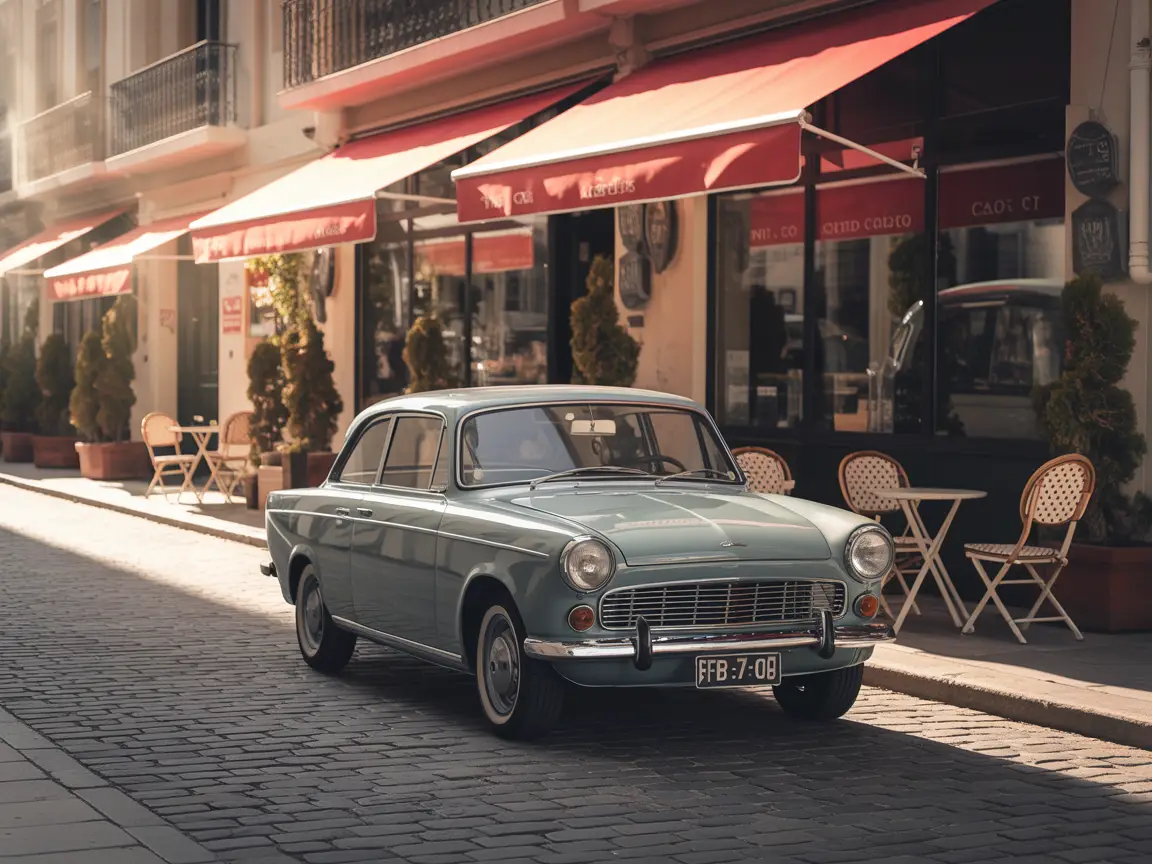 A classic 1960s European car parked in front of a quaint café, with decorative outdoor seating and small tables.