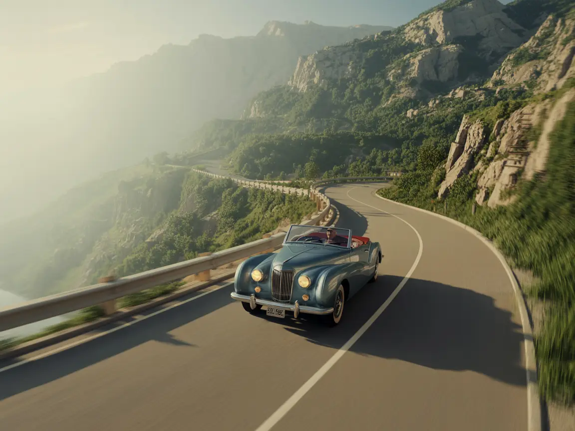 A vintage classic convertible car driving through a scenic mountain pass.