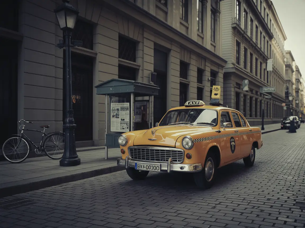 A vintage yellow taxi parked on an old cobblestone street, surrounded by historical buildings and street lamps.
