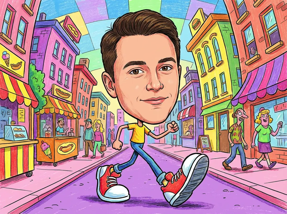 Caricature illustration of a person walking on a city street, exaggerated proportions, humorous tone, colorful environment, wide composition