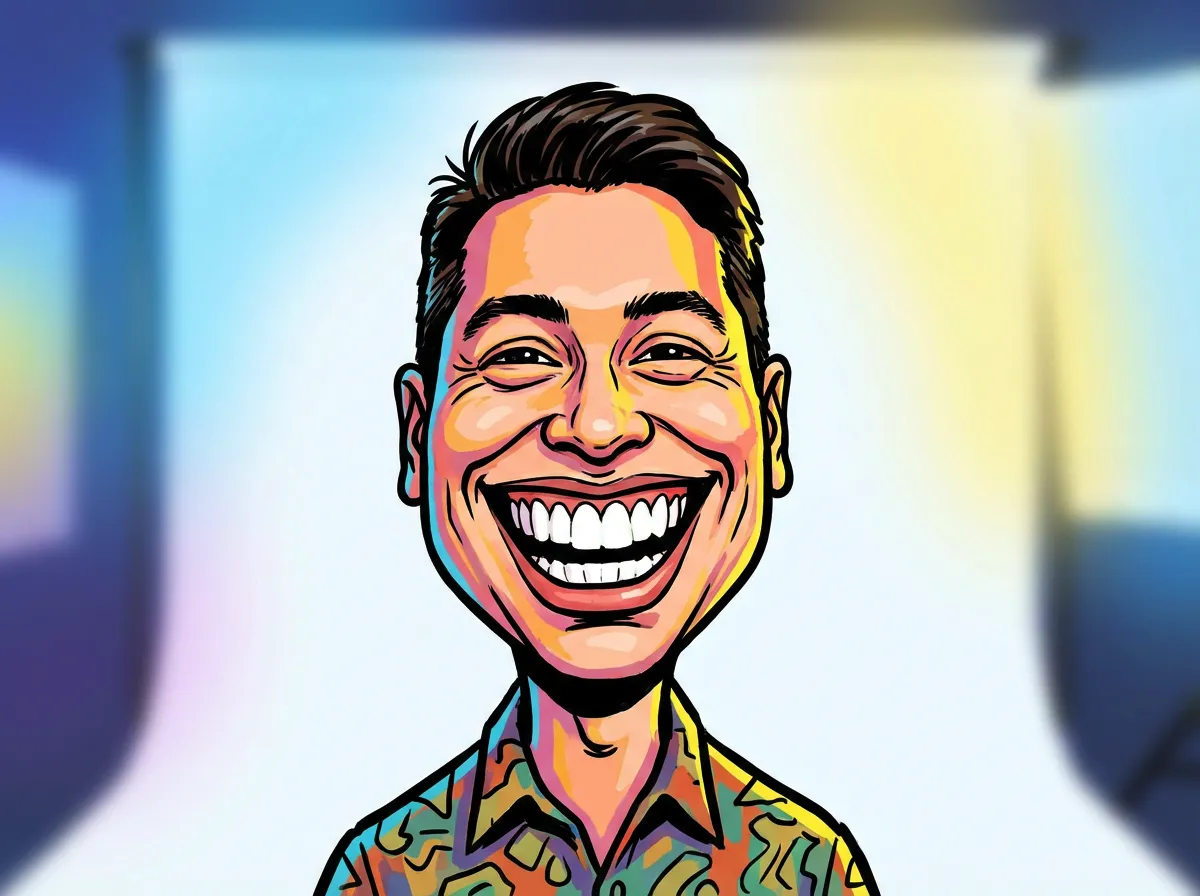 Caricature portrait with an exaggerated smile and facial expressions, bold outlines, colorful cartoon illustration, studio-style background