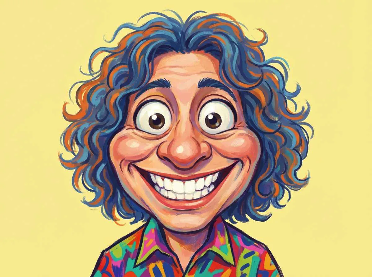 Caricature portrait of a person with exaggerated facial features, big smile, playful expression, clean background, colorful cartoon style, high detail