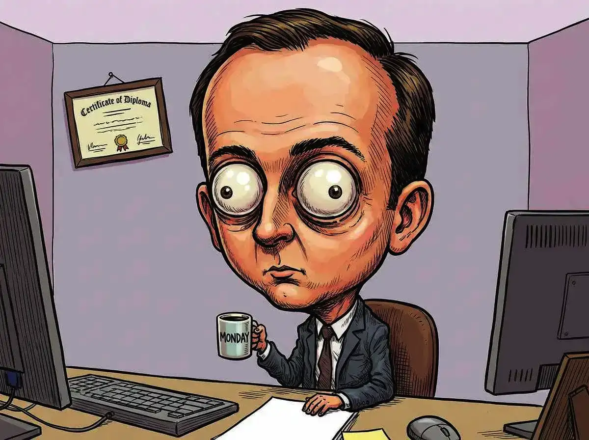 Funny caricature of an office worker, oversized head, expressive eyes, humorous style, simple background, professional caricature illustration