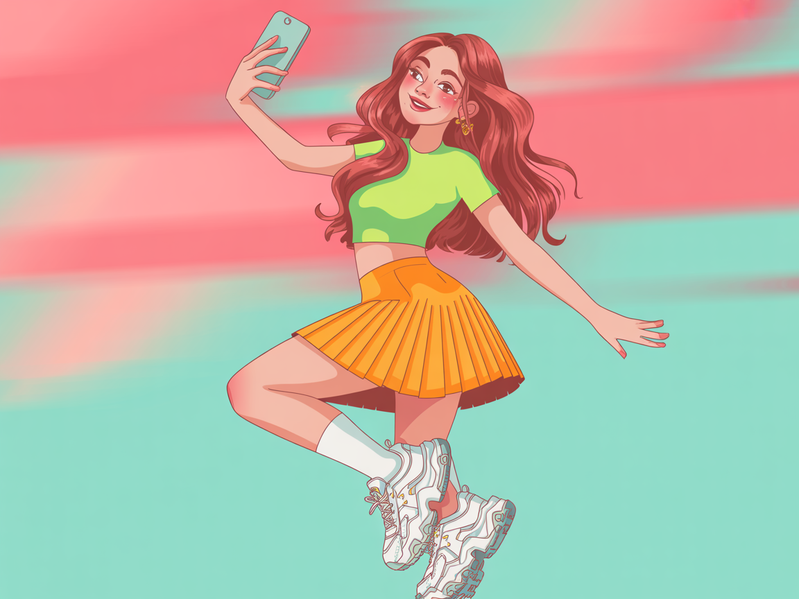 Cartoon-style influencer taking a selfie, trendy outfit, bright background, digital illustration with gradient tones.