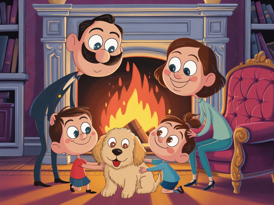 Cartoon family portrait with exaggerated facial features, cozy indoor scene, warm color tones, 2D animation vibe.
