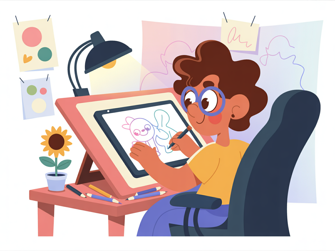 Cartoon artist holding a digital tablet, modern flat illustration, soft pastel palette, creative atmosphere.