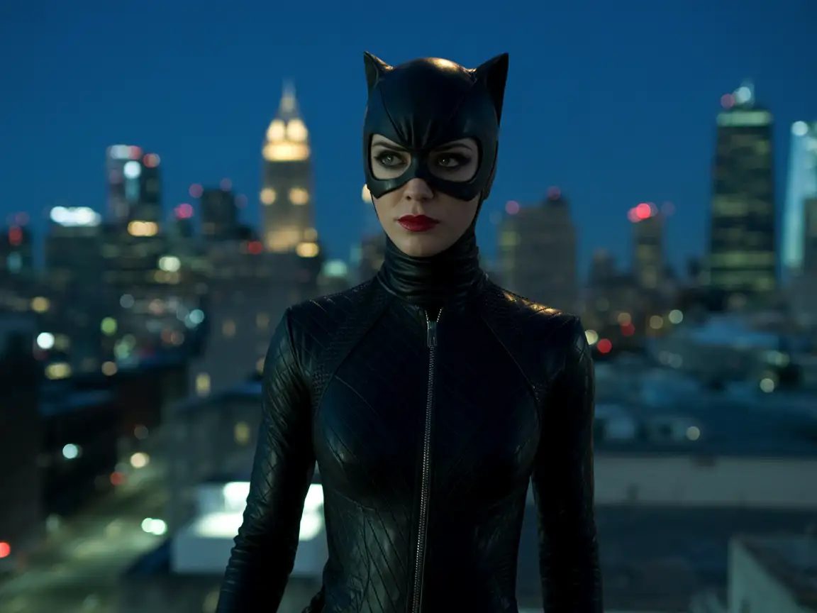 Catwoman in a sleek, black catsuit with a high collar, standing on a city rooftop at night, with the city skyline in the background.