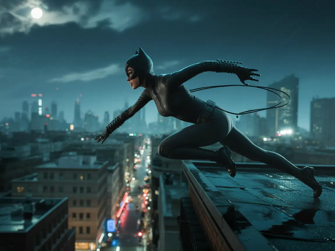 Catwoman in a fitted dark costume with no skin exposure, jumping across rooftops in a rainy, moonlit city.
