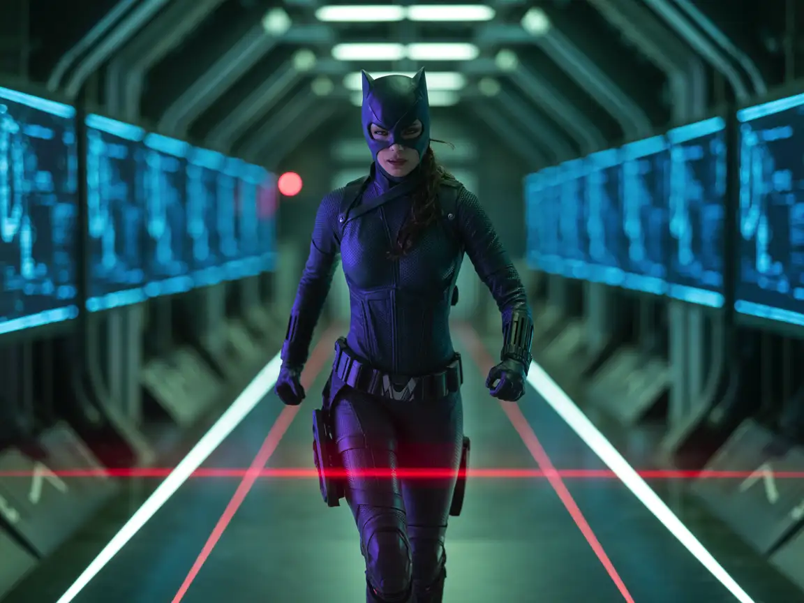 A strong Catwoman, wearing full gear, sneaking past security in a high-tech facility under a dim blue light.