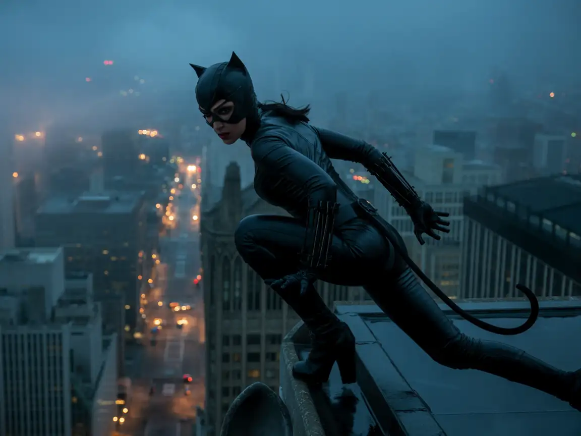 Catwoman, standing defiantly atop a building, overlooking a city skyline, her posture exuding power.