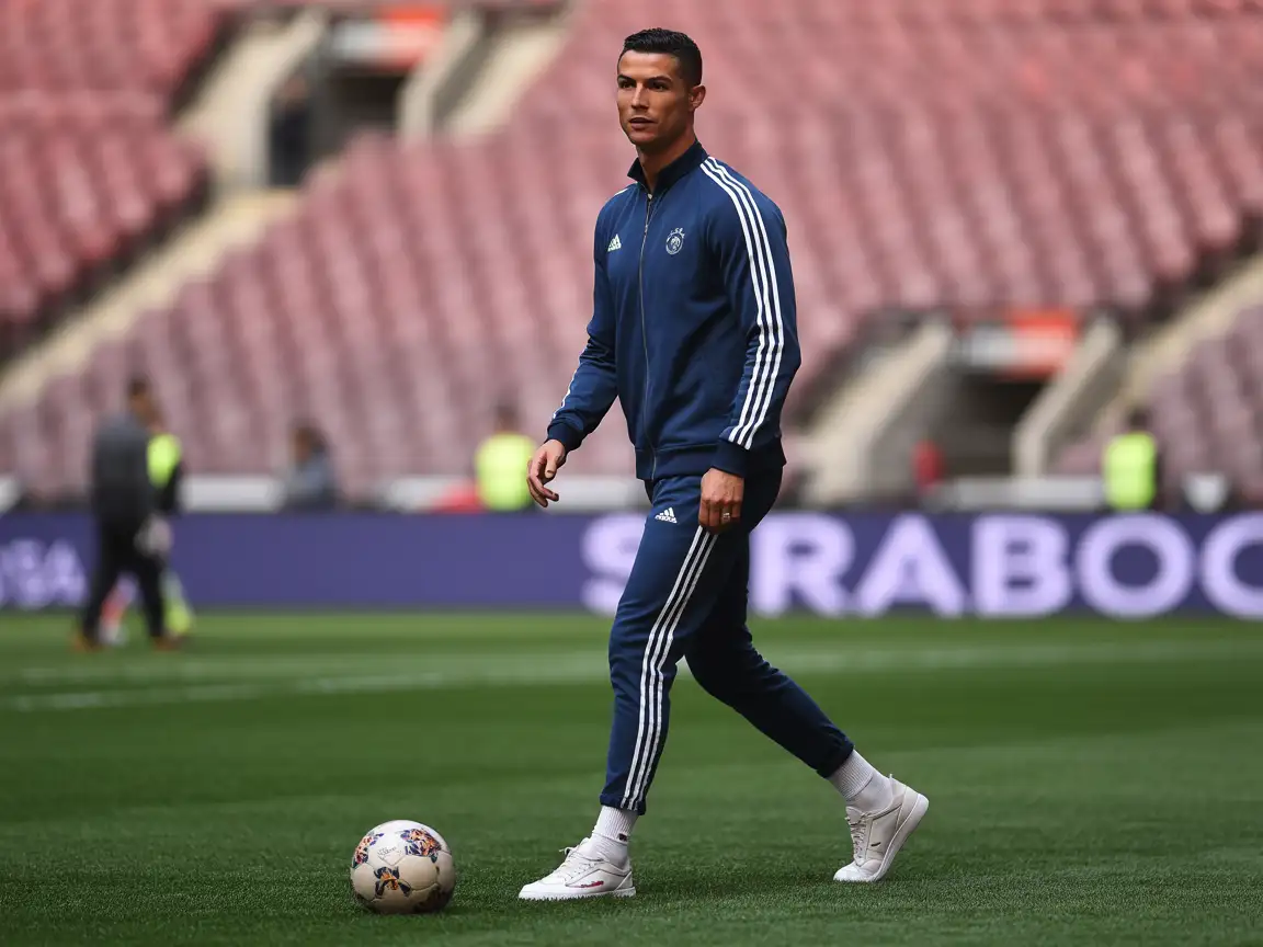 Cristiano Ronaldo casually dressed in a track suit and sneakers, walking through a stadium with a soccer ball at his feet.