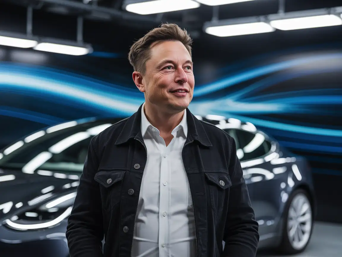 Elon Musk standing in front of a Tesla, wearing a casual, yet refined shirt and jacket, looking confident with a modern tech backdrop.