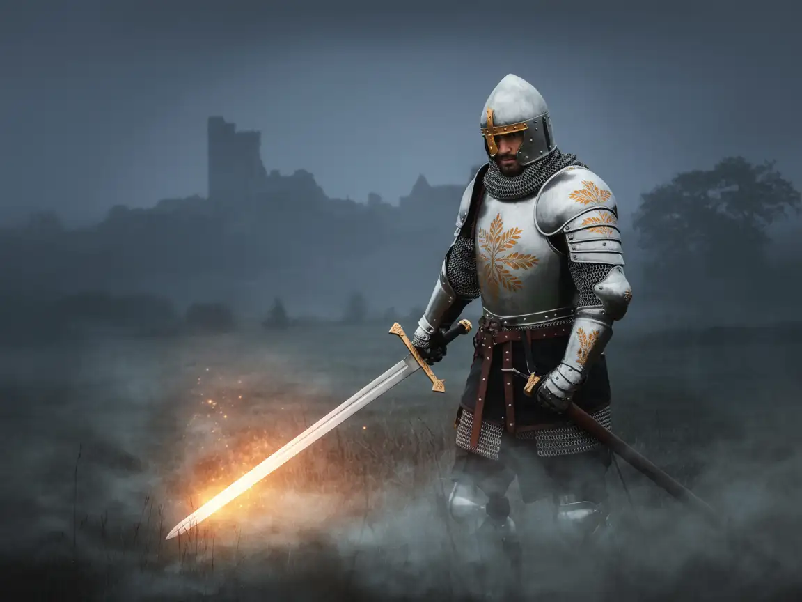 A heroic medieval knight in shining armor, standing on a foggy battlefield, holding a glowing sword.