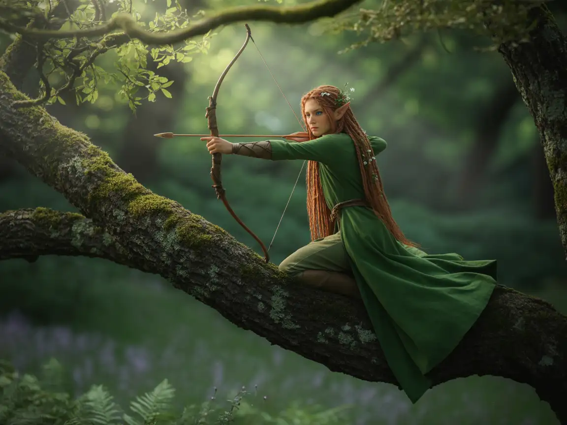 A graceful forest elf archer in green robes, perched on a tree branch with sunlight filtering through leaves.