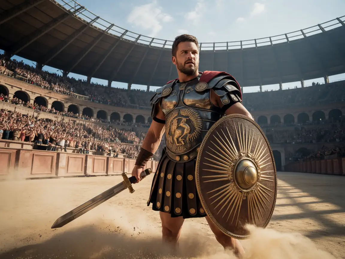 A fierce gladiator in Roman armor, wielding a sword and shield in a packed arena.