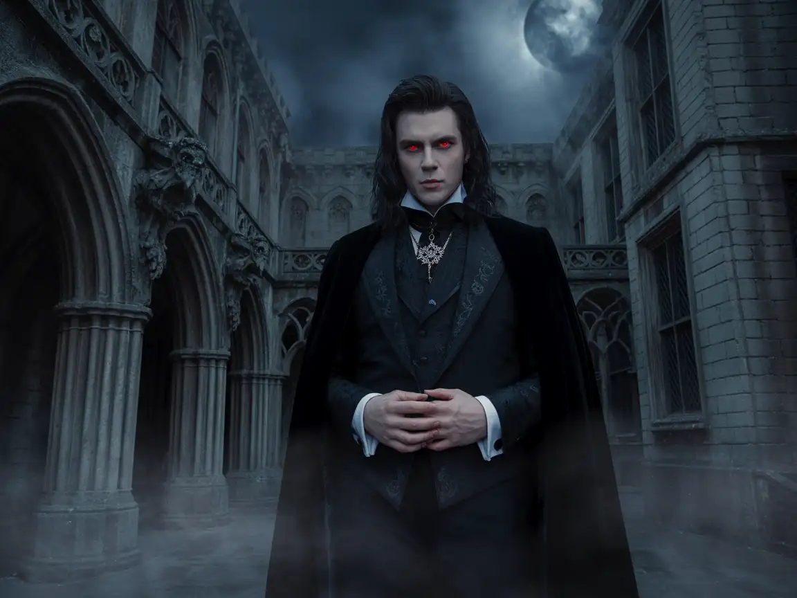 A dark vampire lord with elegant attire, standing in a misty gothic castle courtyard.