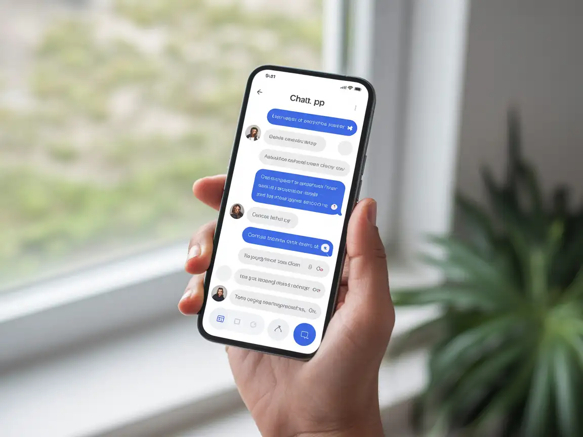 Hand holding a smartphone with a chat app open, soft daylight from a window, clean modern UI on screen, photorealistic.