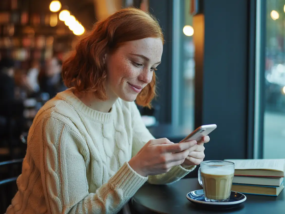 Young woman texting on her phone, cozy café setting, warm ambient light, natural expression, ultra-realistic details.
