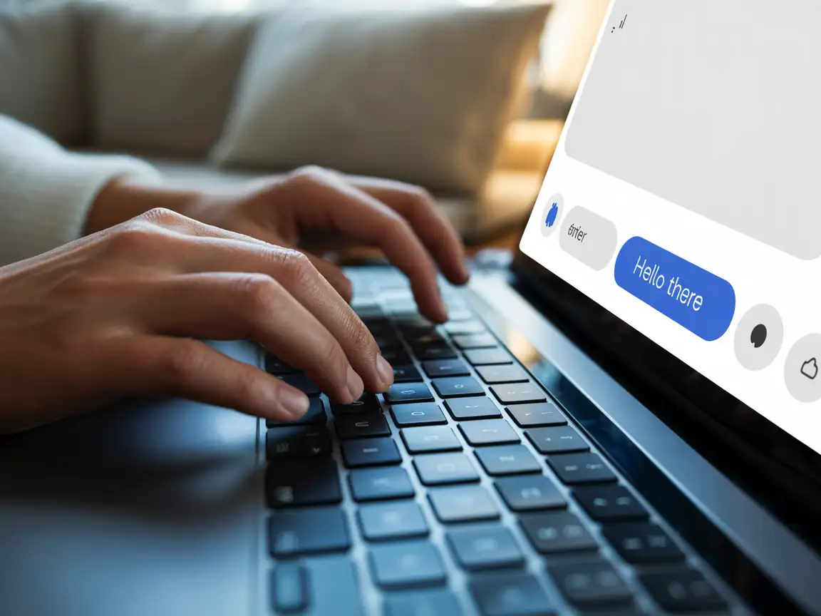 Close-up of fingers typing on a keyboard with a chat assistant window open, realistic soft light.