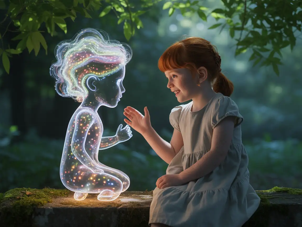 Girl chatting with a friendly AI avatar appearing as floating light particles, soft dreamy lighting.