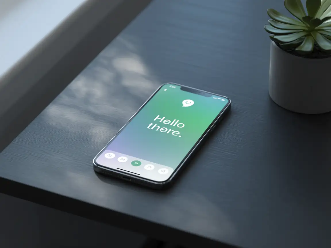 A modern smartphone displaying a clean AI chatbot interface, soft white ambient light, realistic screen reflections, minimal UI icons.