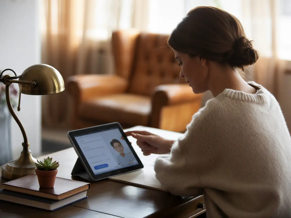 A user typing to a friendly AI assistant on a tablet, warm desk lamp lighting, cozy home office environment.