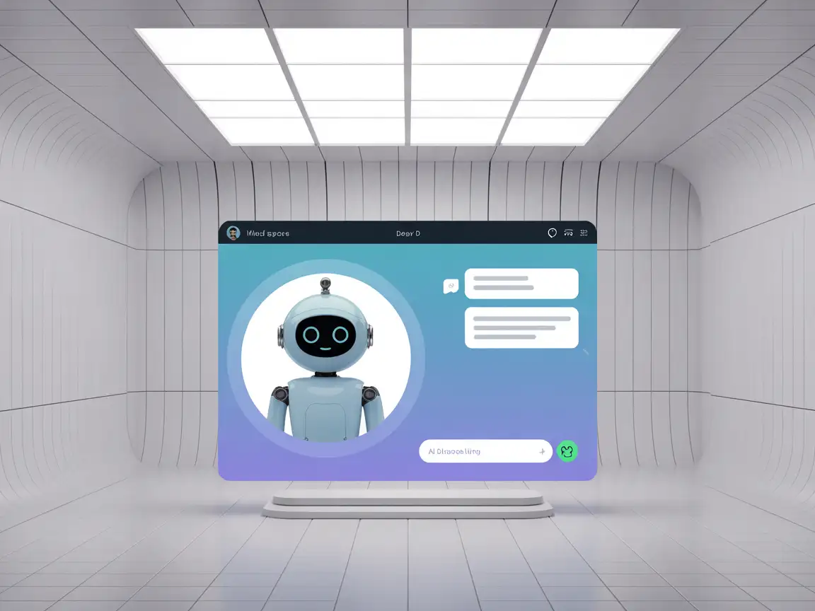 A clean messaging interface with an AI avatar, displayed on a floating digital panel in a minimal white tech room.