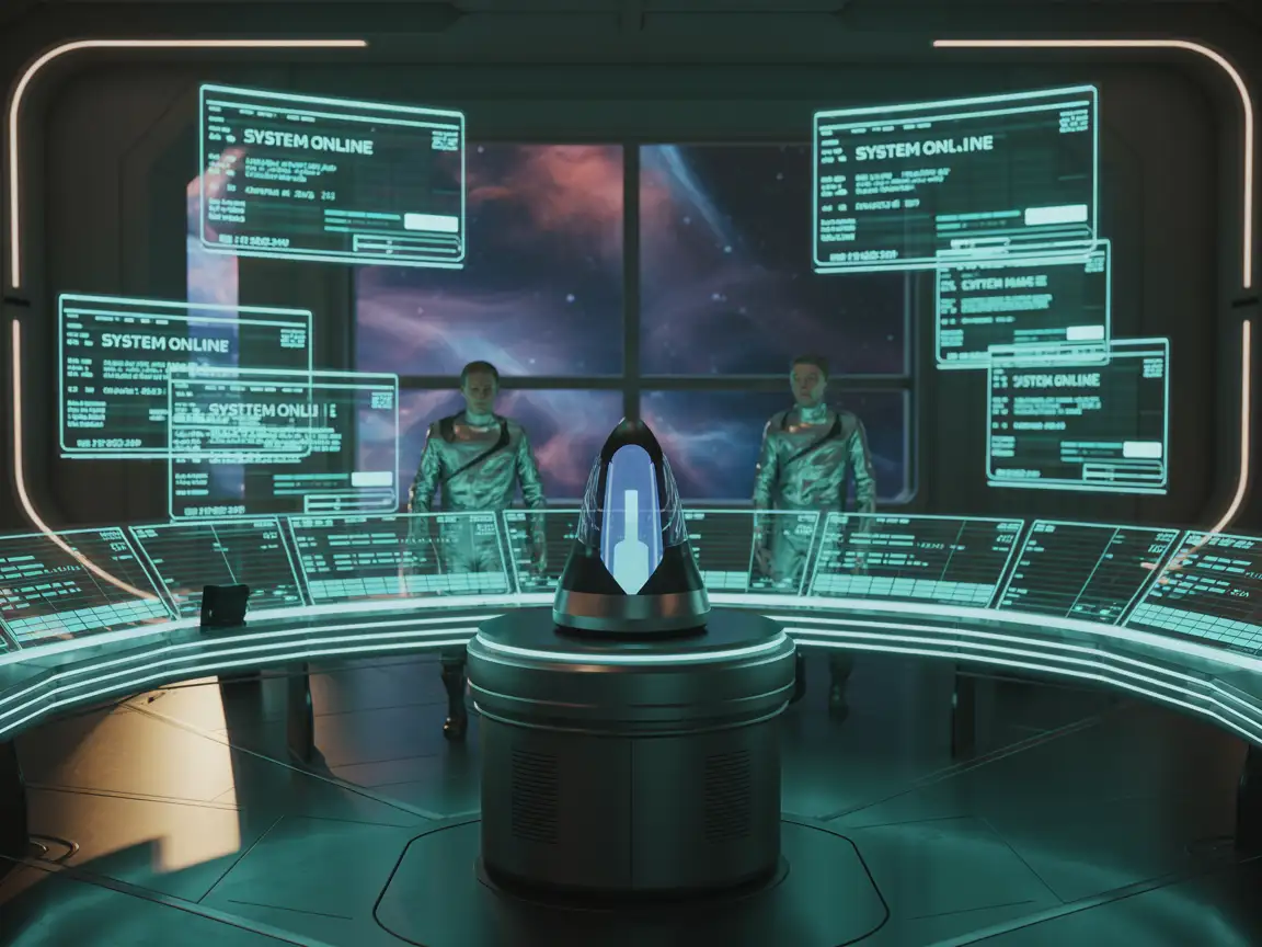 A sci-fi control room featuring multiple holographic chat screens interacting with an AI system.