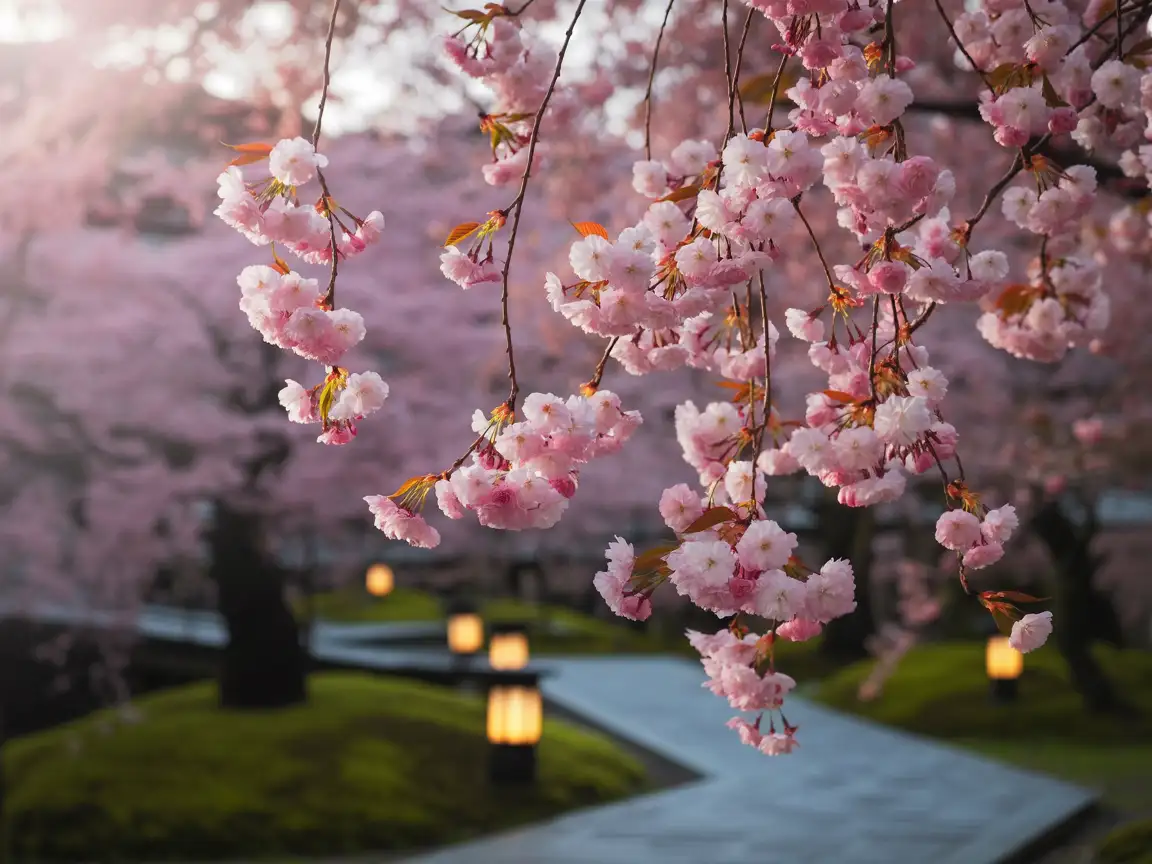 Soft pink cherry blossoms falling gently in the wind, pastel sky, dreamy wallpaper aesthetic.