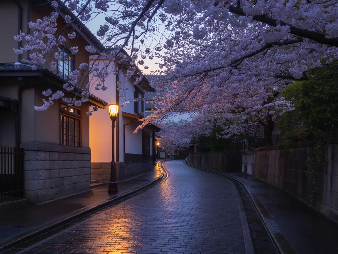 A dreamy sakura-lined street at twilight, pink haze, cinematic depth, calm and romantic mood.