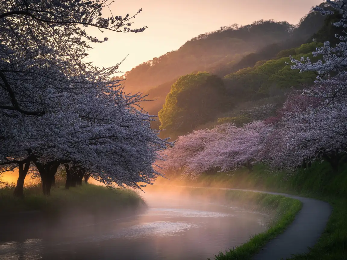 Sakura trees lining a quiet riverside path at sunrise, misty morning glow, cinematic wide shot.