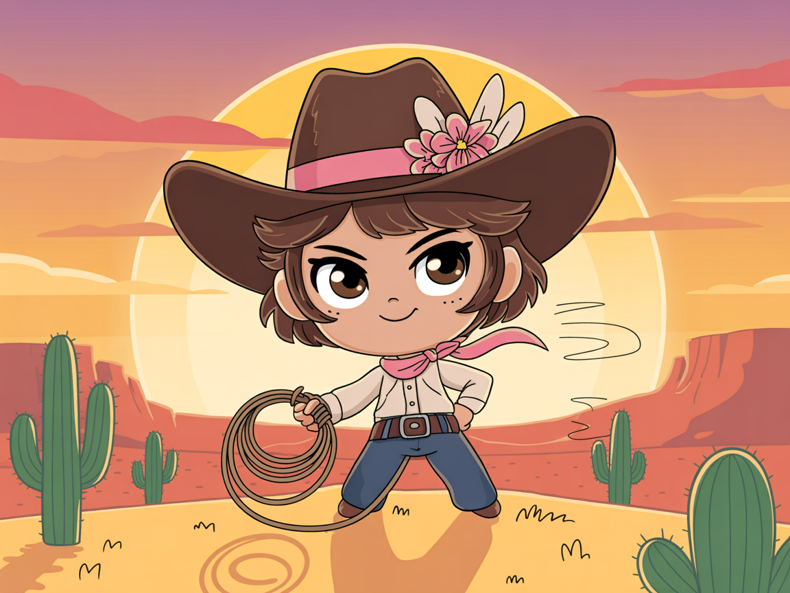Chibi cowboy girl with hat, lasso in hand, desert sunset background, playful Western cartoon style
