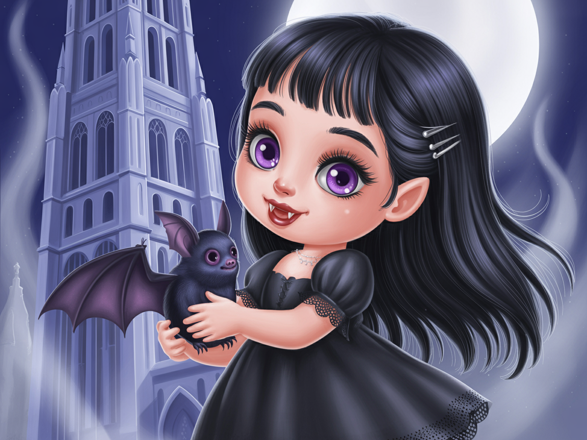 Cute chibi vampire girl, tiny fangs, holding a miniature bat, moonlit gothic background, anime horror style